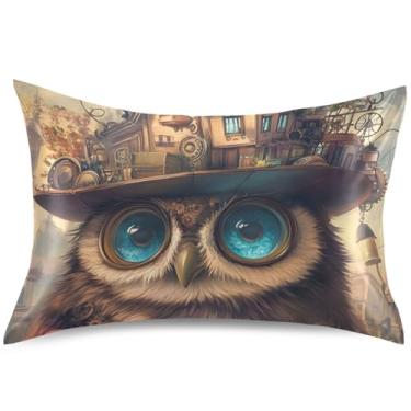 Imagem de Capa de almofada de cetim com pintura de coruja caprichosa para almofadas refrescantes de cabelo, capa de almofada de cama padrão King Queen, tamanho padrão, 66 cm x 50 cm