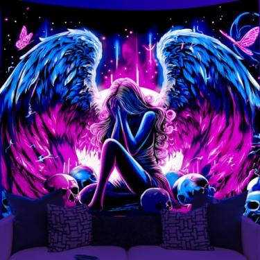 Imagem de WEBEEDY Tapeçaria de Asa de Anjo Luz Negra Tapeçaria de Parede Crânio Anjo Chorando Tapeçaria Estética UV Reativa Luz Negra Arte para Quarto Sala de Estar Pano de Fundo de Casa Decoração de Festa, 140
