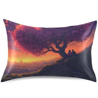 Imagem de Capa de almofada de cetim de árvore em forma de coração dos namorados King Queen padrão capa de travesseiro de resfriamento animal capa de travesseiro macia, tamanho padrão, 66 cm x 50 cm