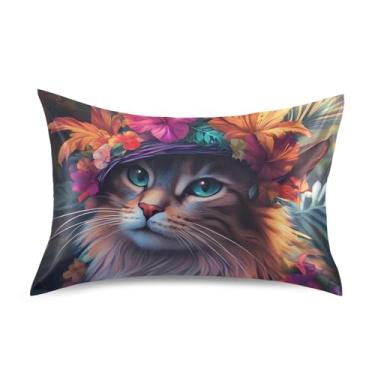 Imagem de Fronhas de cetim fofas padrão king queen fronhas refrescantes decoração de casa roupa de cama tamanho padrão 66.0 cm x 50.8 cm boho gato floral chapéu girassol