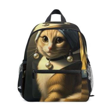 Imagem de GAIGEO Cute Cat with Pearl Earring Funny Mini Kids Backpack, 10x4x12 In, Boys Mini Backpack Includes Water Bottle Pockets, Whistle Clip for Safety
