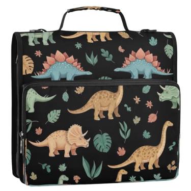 Imagem de Bolsa organizadora de fichário com zíper preto, folhas de dinossauros clássicos, com alça, 3 anéis, anel D de 3,8 cm, suporte de pasta para guardar documentos na escola ou no escritório