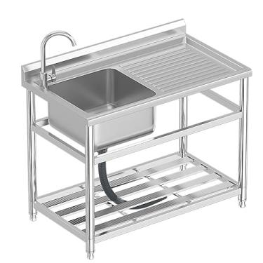 Imagem de Pia de tigela única grande, pia de estação de trabalho de tigela única, pia independente de aço inoxidável, conjunto de pia de cozinha de restaurante comercial, pia externa, com prateleira de