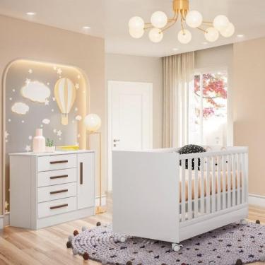 Imagem de Quarto de Bebê com Berço Mini Cama e Cômoda 4 Gavetas 1 Porta Q Encanto Branco