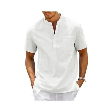 Imagem de Camiseta Henley Masculina Vintage de Algodão e Linho - Manga Curta com