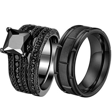 Imagem de ringheart 2 anéis de casal para ele e ela banhado a preto vermelho CZ conjuntos de alianças de casamento masculinas de aço inoxidável, women size8 & men size8, Metal Cristal Metal Cristal strass,