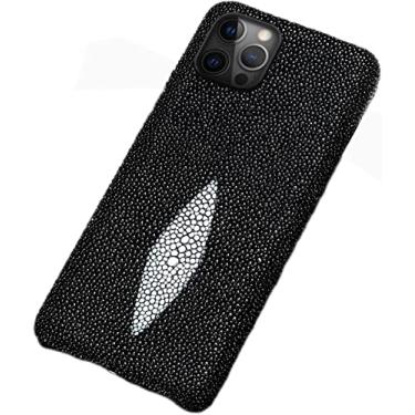 Imagem de CYSUE Capa de couro de peixe pérola de luxo para iPhone 14 Pro Max, capa de telefone traseira de couro genuíno à prova de choque capa protetora leve masculina de negócios para iPhone 14 Pro Max 2022 (Cor: Preto)