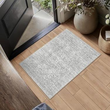 Imagem de PureCozy Tapete de área cinza lavável à máquina vintage envelhecido antiderrapante tapete de cozinha de pilha baixa fino macio interior tradicional tapete retrô floral detalhe pequeno tapete de