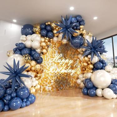 Imagem de ADOINBY Kit de arco de balão branco dourado azul marinho com enchimento duplo pérola areia branca real azul escuro cromado dourado confete balões kit guirlanda para aniversário, formatura 2026