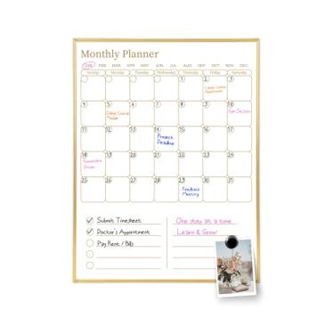 Imagem de Aitakatta Calendário apagável a seco para parede, quadro branco com superfície magnética de 43 x 33 cm, planejador mensal 2 em 1, layout vertical para fazer com moldura de alumínio dourado (YL-SHU-AL