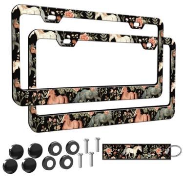 Imagem de 2 peças de moldura de placa de licença para mulheres, molduras decorativas de carro femininas, suporte de capa de placa de carro com etiqueta de chaveiro de carro dupla face (para cavalos brancos e