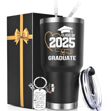 Imagem de Lifecapido Presentes de formatura, Class of 2025 Graduate 850.5 g Copo isolado com chaveiro e cartão de graduação, High School College Masters Degree PhD Graduation Gifts Graduates 2025, preto