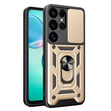 Imagem de POYUFRG Capa à prova de choque para Samsung Galaxy S26 Ultra/S26 Plus/S26, capa antiderrapante com suporte de rotação magnética com capa de proteção de lente deslizante, dourada, S26 Ultra