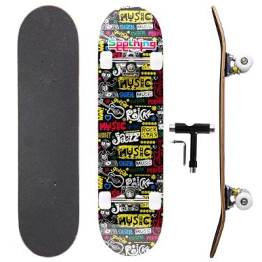 Imagem de Skate profissional de chute duplo, deck de bordo de 78,7 cm, rolamentos ABEC-9, rodas de poliuretano 95A, design gráfico personalizado (Música, 78,7 cm)