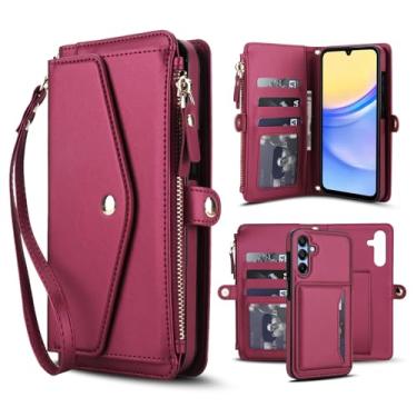 Imagem de Capa carteira para Samsung Galaxy A15 4G/5G, capa flip magnética destacável com compartimentos para cartões, bloqueio RFID, suporte e alça de pulso, capa protetora para celular (magenta)