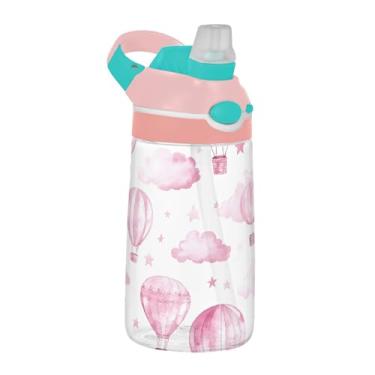 Imagem de xigua Balões de ar quente em aquarela Garrafa de água Tritan com bico de silicone, 480 ml portátil à prova de vazamento com botão bloqueável e alça larga