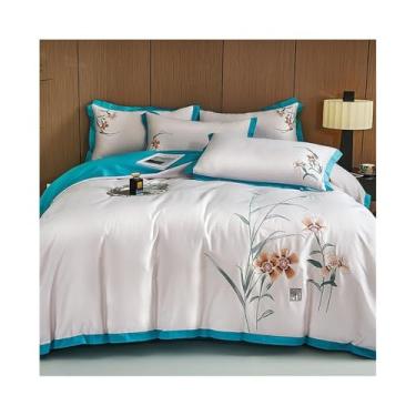 Imagem de Jogo de cama luxuoso estilo chinês bordado flores macio respirável 600TC algodão egípcio conjunto de capa de edredom 4 peças (azul, king 220x240 cm 4 peças)