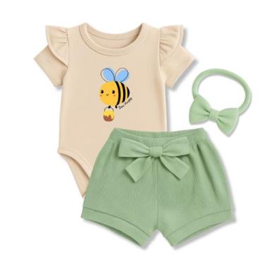Imagem de Conjunto Bebê Menina Body Babado + Shortinho + Faixinha de Cabelo Kit 