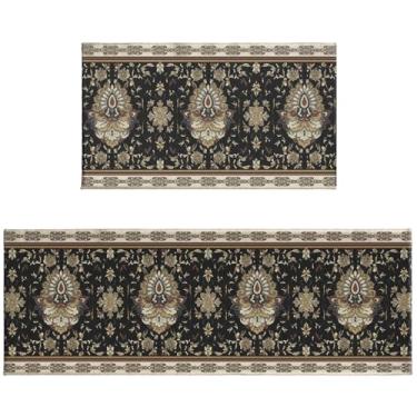 Imagem de Tapetes de cozinha boho pretos para chão, conjunto de 2 tapetes de cozinha estilo boêmio, vintage, floral, rústico, decorativo, antiderrapante, lavável, absorvente, tapetes de cozinha, decorativos, 43