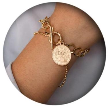 Imagem de Pulseira Corrente Dourada Medalhão Fecho Detalhes F1430