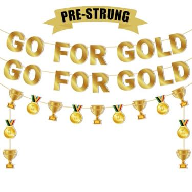 Imagem de Jogos de esportes de inverno decorações de festa Go For Gold Banner 2026 Jogos de esportes de inverno temáticos suprimentos de festa troféus medalhas banners pendurados para decoração interna ao ar