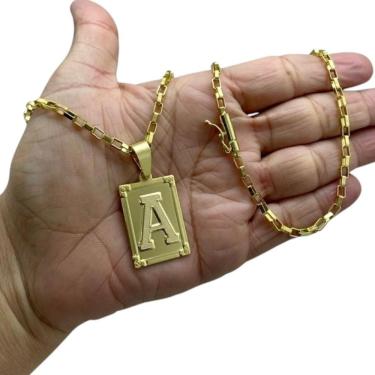 Imagem de Cordão 3Mm Tijolinho Curto + Pingente Letra - Banhado A Ouro