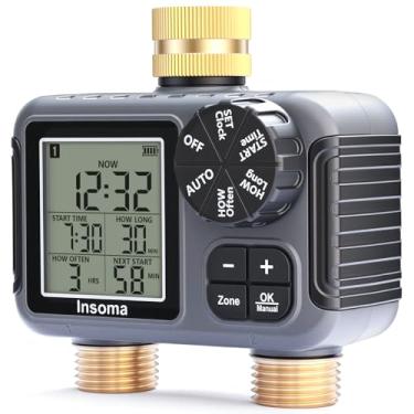 Imagem de Insoma Temporizador de irrigação de 2 zonas de entrada/saída de latão, temporizador de mangueira de água com modos automático/manual + atraso de chuva | Dispensador de LCD grande | Temporizadores de