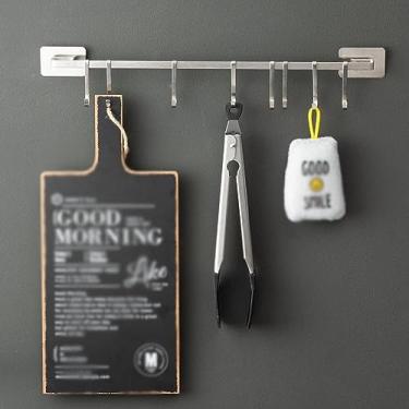 Imagem de Rack de utensílios, suporte de utensílios de cozinha, rack de panela de aço inoxidável com 6 ganchos, rack organizador de utensílios de cozinha montado na parede (tamanho: 45 cm) (cor: uma cor