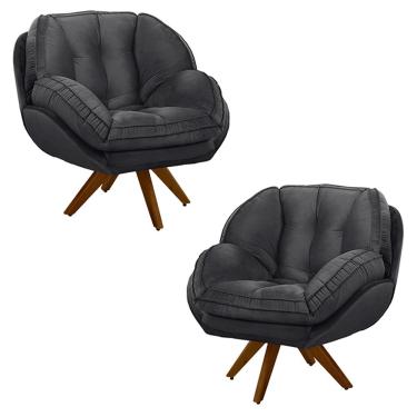 Imagem de Kit 2 Poltronas Decorativas Base em Madeira Giratória Giroud Veludo Cinza Chumbo - Gran Belo