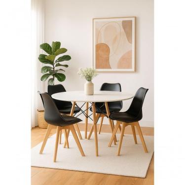 Imagem de Jogo Mesa De Jantar Sala Cozinha Redonda Mdf 110cm Eiffel Branco E 4 Cadeiras Leda Wood Preta
