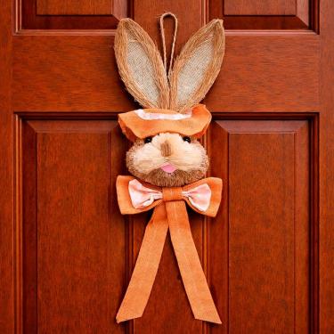Imagem de Decoração Páscoa Pendente Cabeça Coelho Com Laço Palha 65cm