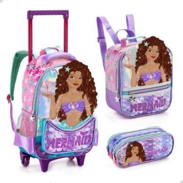 Imagem de Kit Mochila Rodinha Lancheira Estojo Escolar Sereia Morena-Feminino