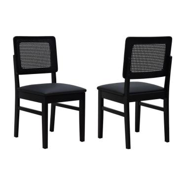 Imagem de Kit 2 Cadeiras Madeira Maciça Lyon Encosto Telinha - Preto Assento Estofado Corano Preto