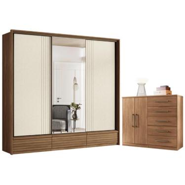 Imagem de Guarda Roupa Casal 3 Portas E Cômoda 5 Gavetas Paris Jatobá