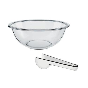 Imagem de Kit Saladeira De Vidro 4L E Pegador Em Inox 21cm Tigela Bowl - Nadir F