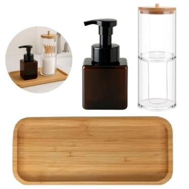 Imagem de Kit Banheiro Completo com Bandeja Bambu e Dispenser Elegante - Class