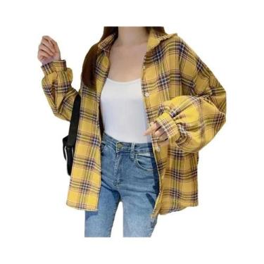 Imagem de Camisa Xadrez Vintage Feminina - Manga Longa, Estilo Preppy, Blusa Sol