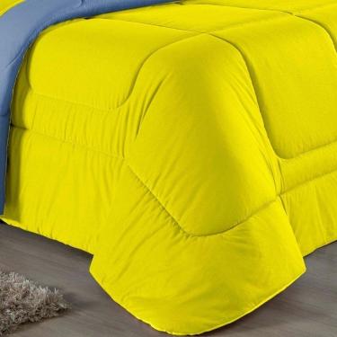 Imagem de Kit Edredom Dupla Face + Jogo De Lençol Casal Nobre 6 Peças Malha 100% Algodão - Amarelo / Azul-bebê
