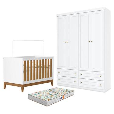 Imagem de Berço Americano Flip Branco Acetinado Savana Reller E Guarda Roupa Infantil 4 Portas Branco Hp E Colchão Gazin - Henn