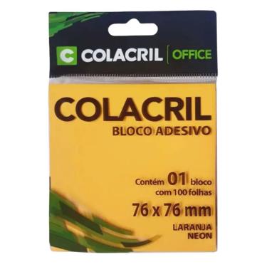 Imagem de Bloco Adesivo Colacril para Anotações Rápidas 76MM X 76MM com 100 Folhas Reciclável Não Tóxico Laranja Neon