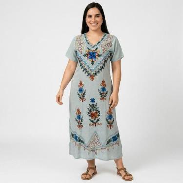 Imagem de Vestido Indiano Longo Manga Curta Liso bordado Colorido 1100 - - Sarat