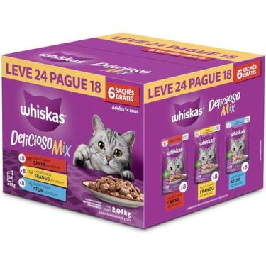Imagem de Kit Ração Úmida Whiskas Sachê Carne/Frango/Atum para Gatos Adultos - L