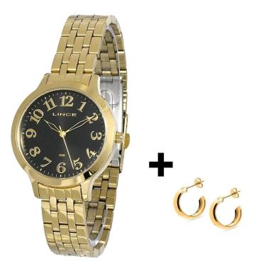 Imagem de Relogio Pulso Feminino Dourado Lince Pulseira + Brinco-Feminino