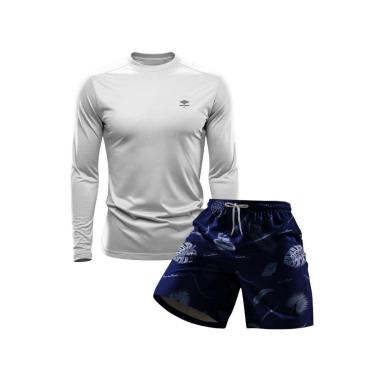 Imagem de Conjunto Masculino Short Estampado Praia Verão e Camiseta Dry Manga Longa Proteção UV-M...