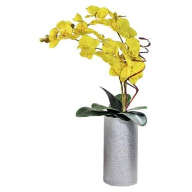 Imagem de Vaso Cerâmica Prata Luxo Arranjo Duplo De Orquídeas Amarelas - M3 Deco