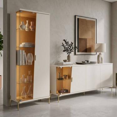 Imagem de Kit Aparador Buffet 182cm e Cristaleira 1 Porta Pés Industrial Dourado Mosele C04 Off White Matte Freijó - Lyam Decor