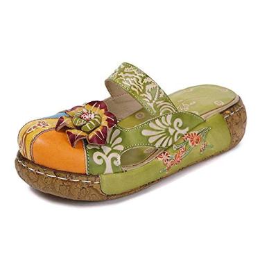 Imagem de TangDao Chinelo feminino de couro colorido, vintage, moderno, floral, com flores, estilo boho, plataforma, sem costas nuas para mulheres, Amarelo milho, 6
