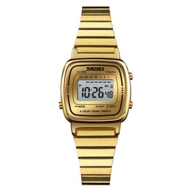 Imagem de Relógio feminino digital quadrado luxo skmei 1252 dourado multifunção casual inox discreto delicado