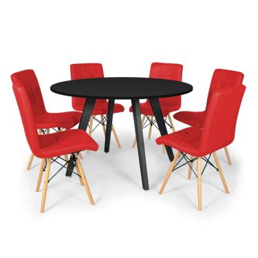 Imagem de Conjunto Mesa de Jantar Redonda Amanda Preta 120cm com 6 Cadeiras Eiffel Gomos - Vermelho