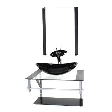 Imagem de GABINETE DE VIDRO PARA BANHEIRO 60CM AC CUBA OVAL PRETO COM TORNEIRA CASCATA